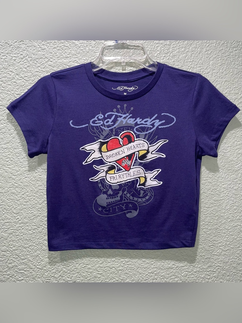 Women's Ed Hardy Y2K Baby Tee Navy Purple Swallow Hearts And Fairytales Sz M